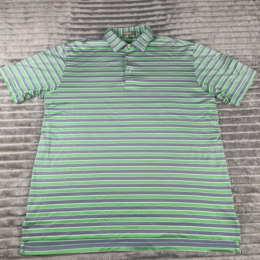 Peter Millar Summer Comfort Polo Mens Large Green Blue Striped Blackhawk *FLAW*